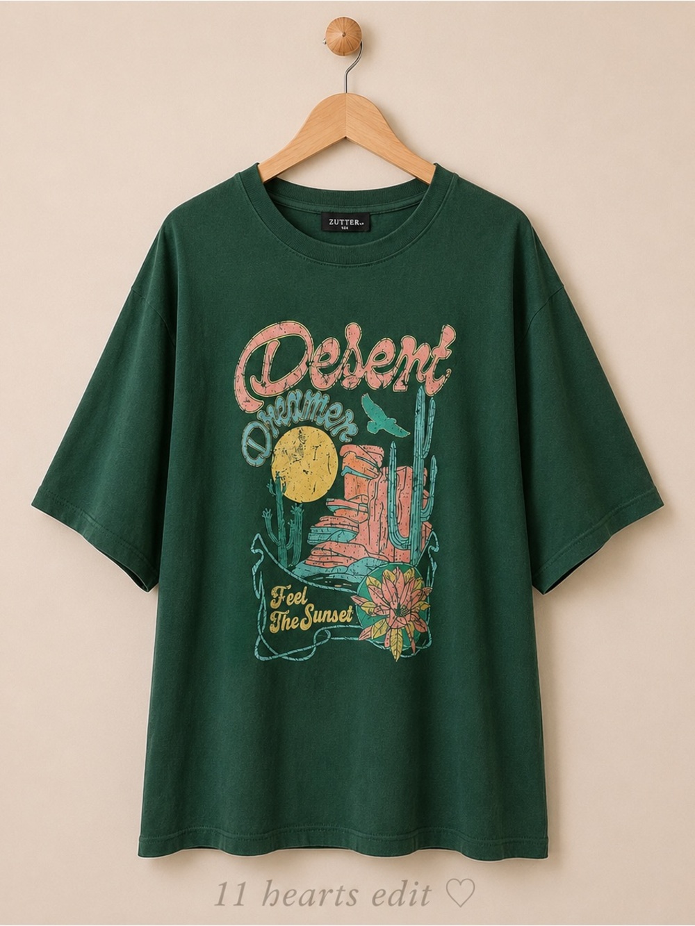 Zutter Desert Dreamer Oversized Graphic Tee Western Boho  Fit Green NWOT M/L